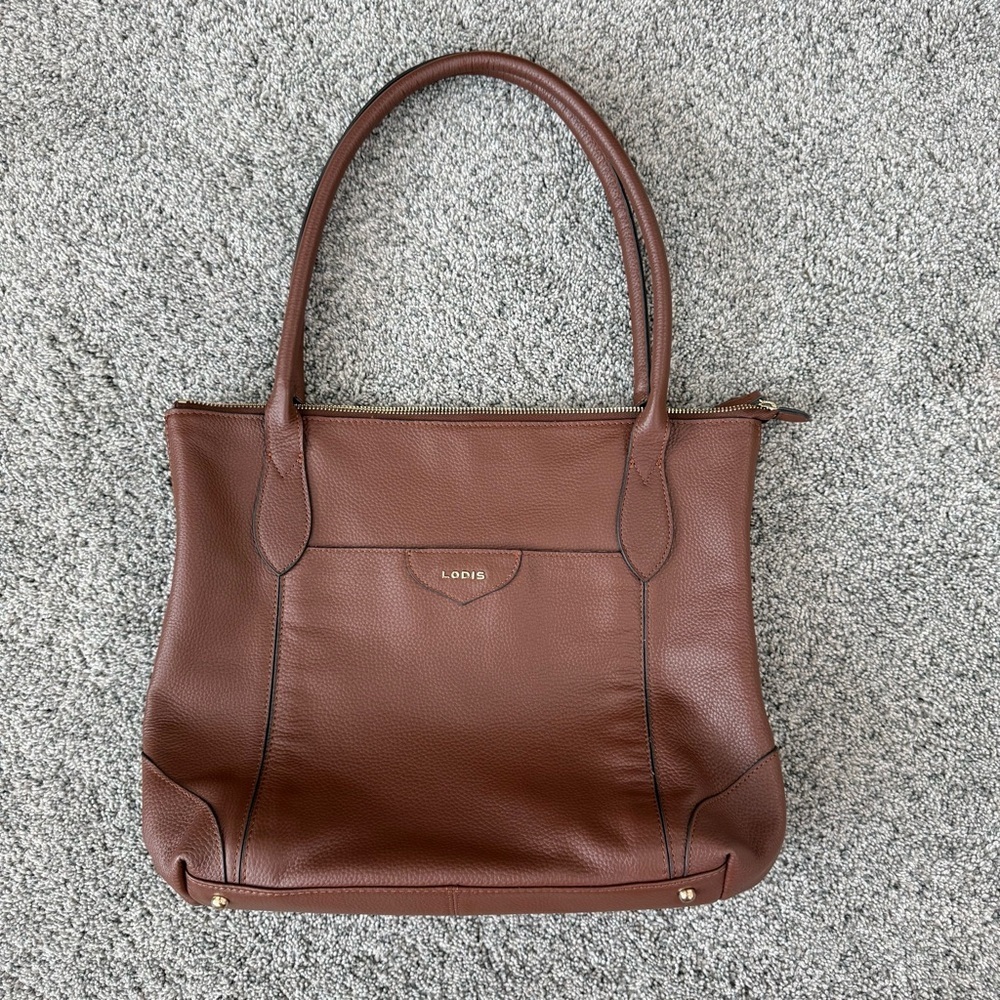 Lodis Brown Pebbled Genuine Leather Zipped Tote Bag Travel Work Laptop Classic